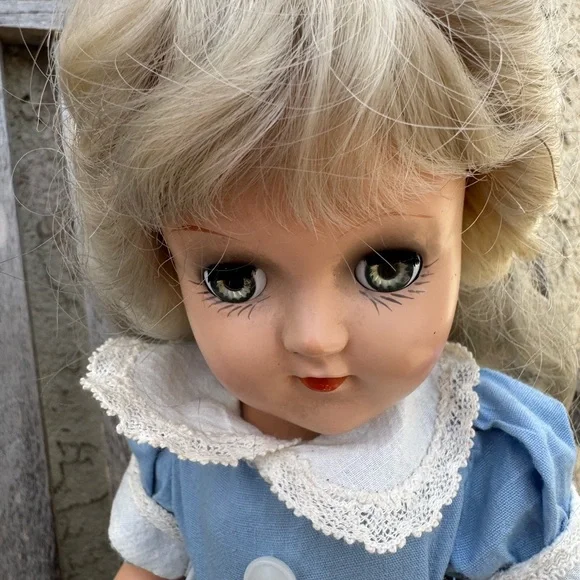 Vintage Doll Blonde Hair Blue Dress Rare With Doll Stand. Antique made
In usa - Picture 2 of 10